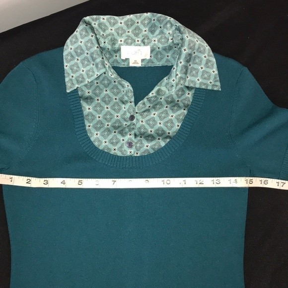 90s LOFT Knit Short Sleeve Top Satin layered Twofer Teal Burgundy size XS - Picture 7 of 10
